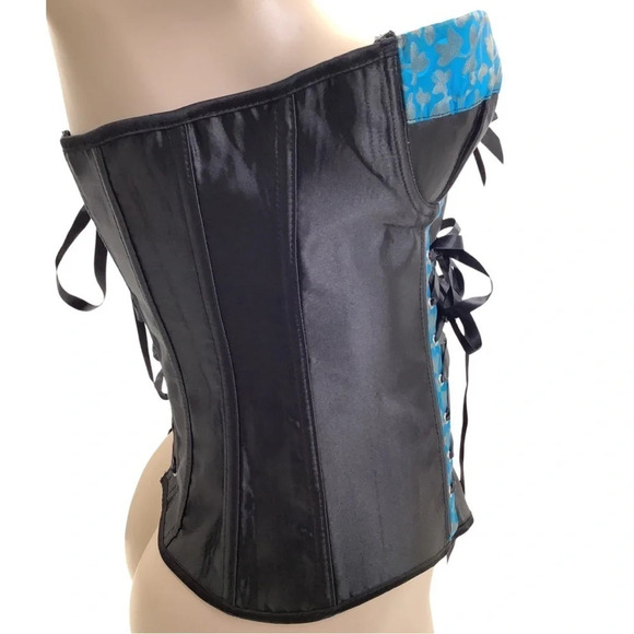 Vintage teal and black underwire padded cups with lace up corset & accessories - Picture 4 of 10